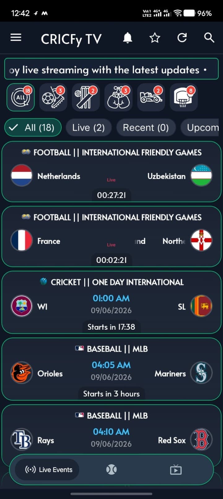 Cricfy TV app home screen