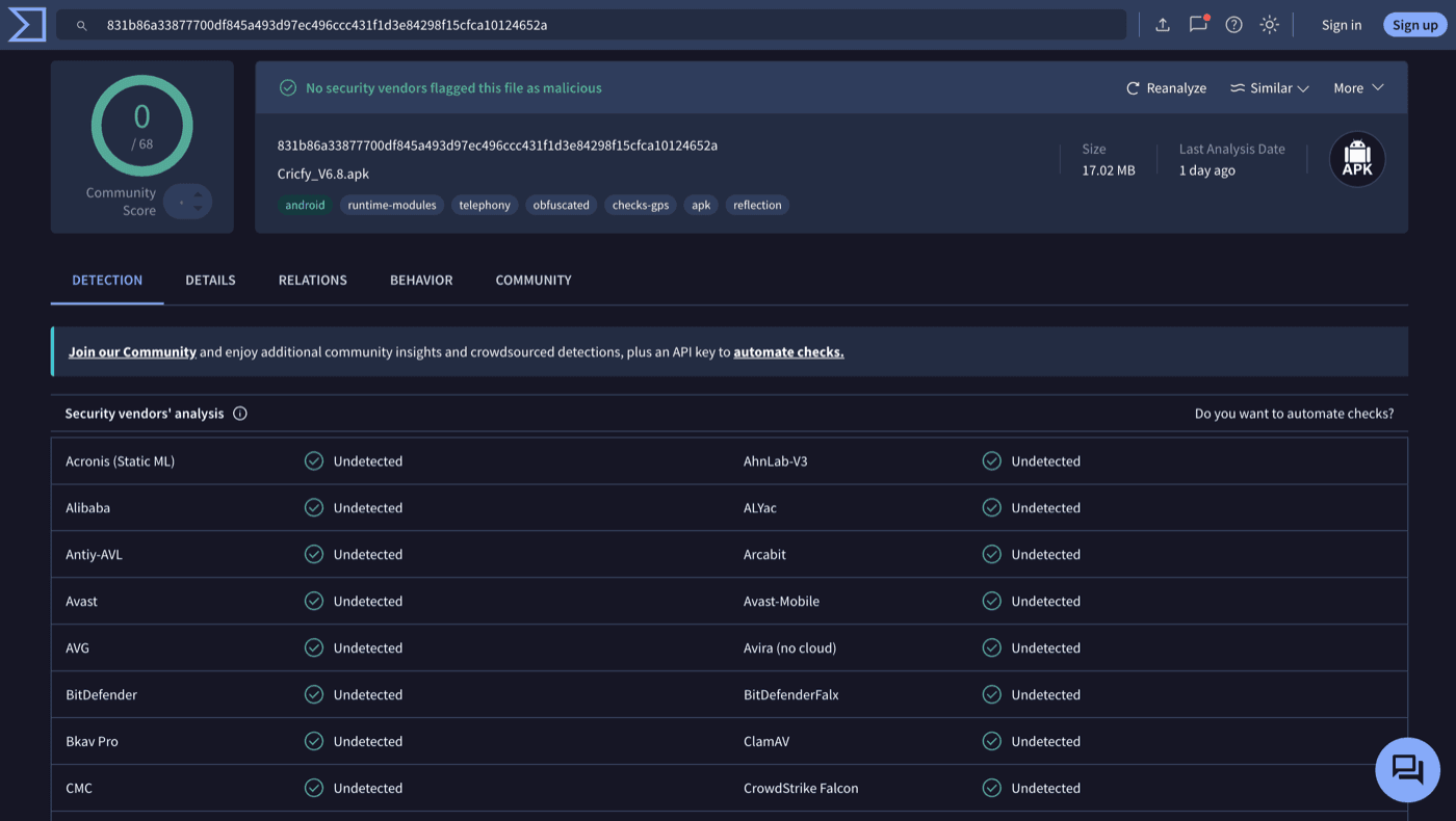 VirusTotal scan of Cricfy TV APK v6.8 — 0 of 68 antivirus engines flagged it as malicious