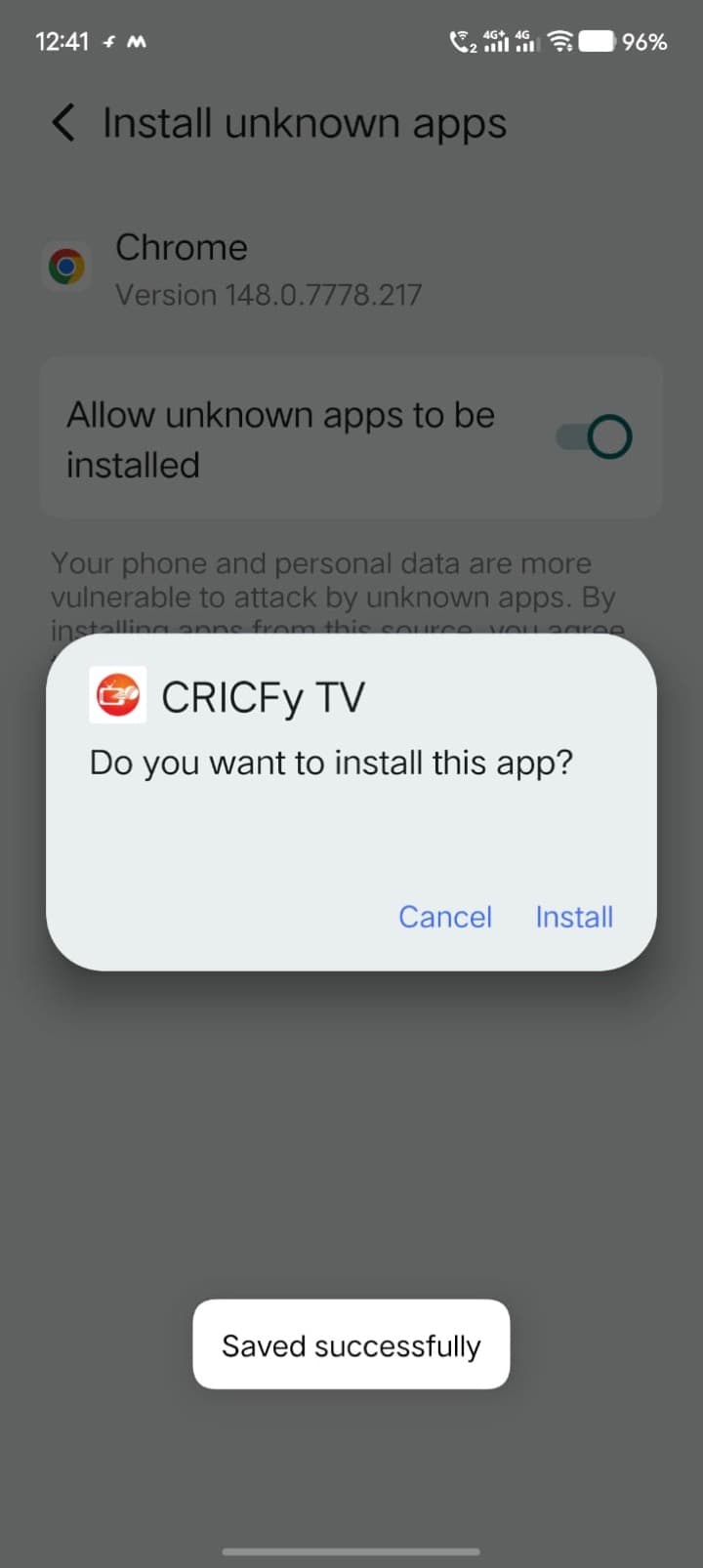 Tap Install on the Cricfy TV prompt — done.